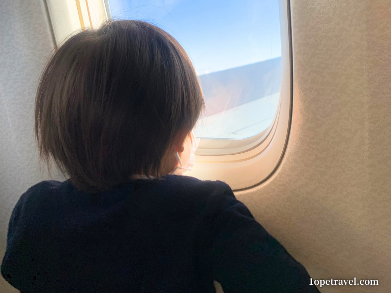 飛行機の窓から外を見る子ども