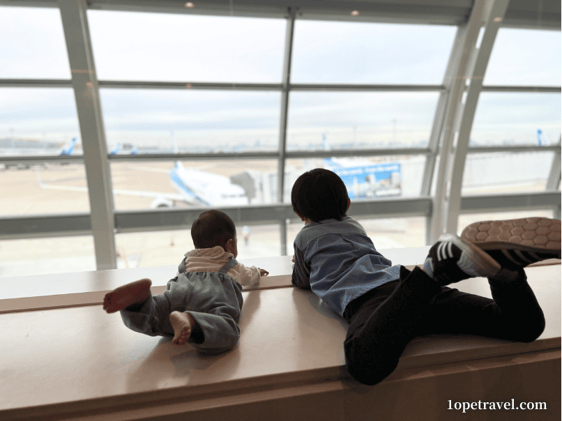 空港から飛行機を見る赤ちゃんと子ども