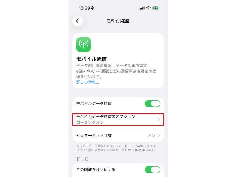 iPhoneの設定画面「モバイル通信のオプション」
