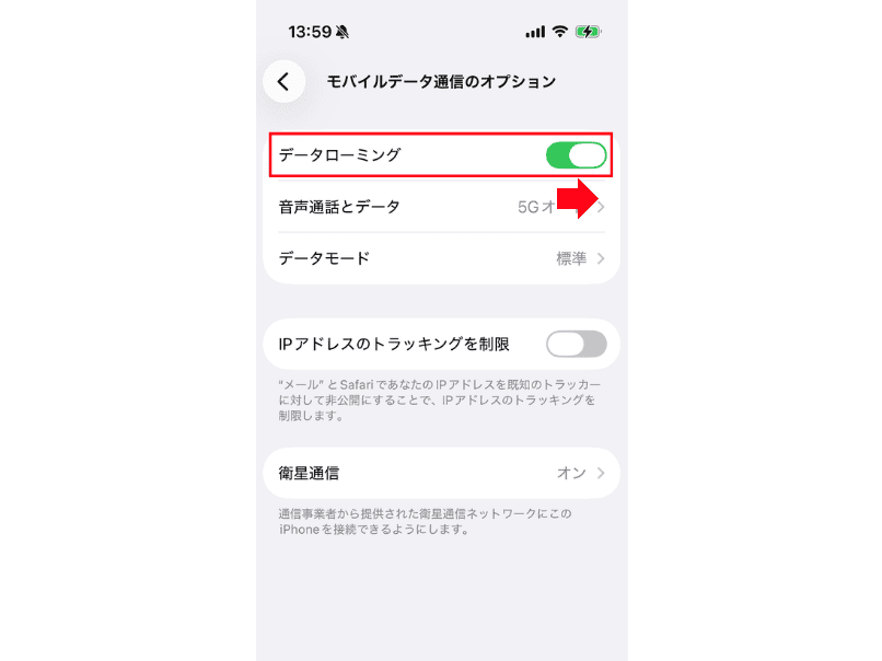 iPhoneの設定画面「データローミング」