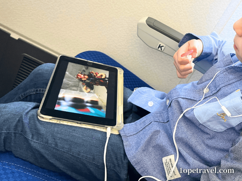 初めての子連れ飛行機で機内の不安対策として動画を視聴する子ども
